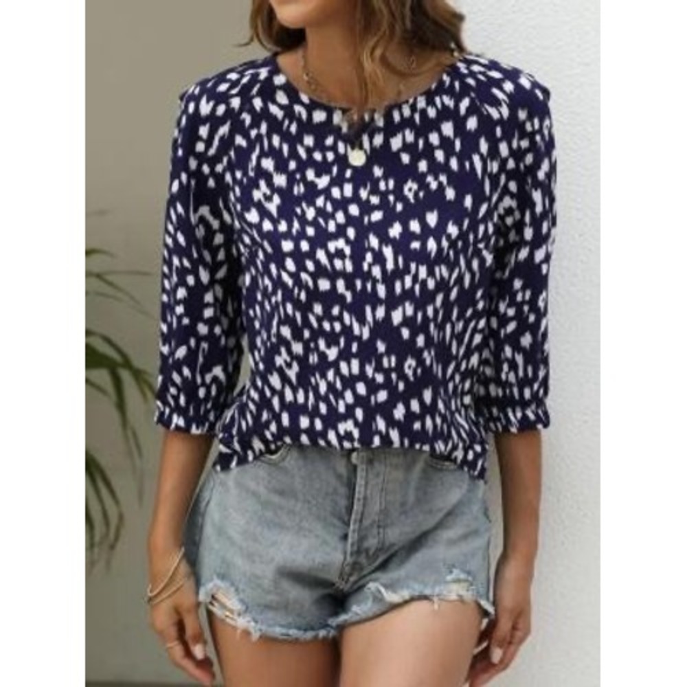 Shein Navy Blue White Abstract Animal Print 3/4 Sleeve Blouse XL 12